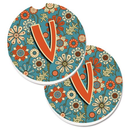 Carolines Treasures Letter V Flowers Retro Blue  Cup Holder Car Coaster, PK2 CJ2012-VCARC